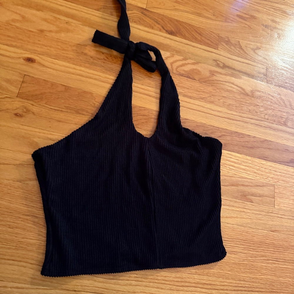 SO Ribbed Halter Top Size Large Black Lettuce Edge V-Neck Sleeveless Shirt